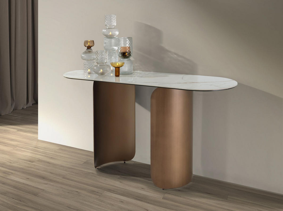 KONSOLENTISCH Ovale Konsole mit halbrundem Profil aus Feinsteinzeug und bronzefarbenem Stahl Ø150/50/80 cm - Messingfarben/Weiß, Keramik/Stein (150/80/50cm) - ANGEL CERDA