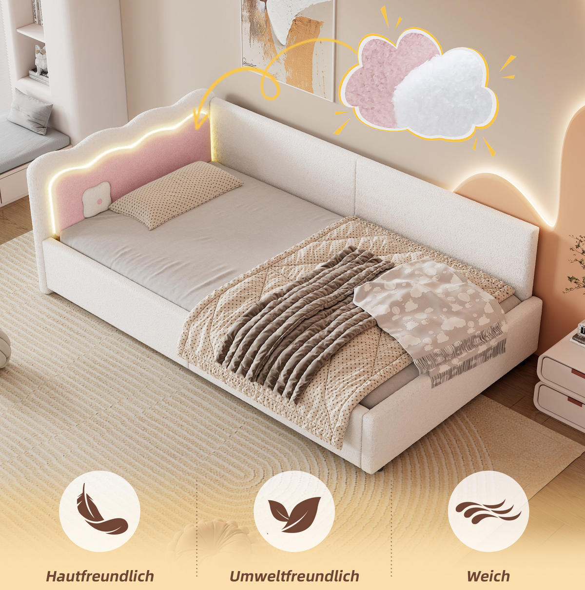 POLSTERBETT 90/200 cm Weiß aus Vliesimitat und MDF mit LED-Beleuchtung - Weiß, Textil (90/200cm) - OKMYHOME