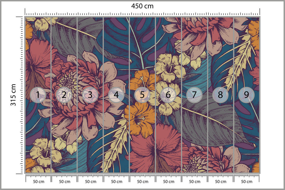 FOTOTAPETE für Schlafzimmer Retro Bunte Blätter Blumen Pflanzen 450x315 - Türkis/Blau, Papier (450/315cm) - Muralo