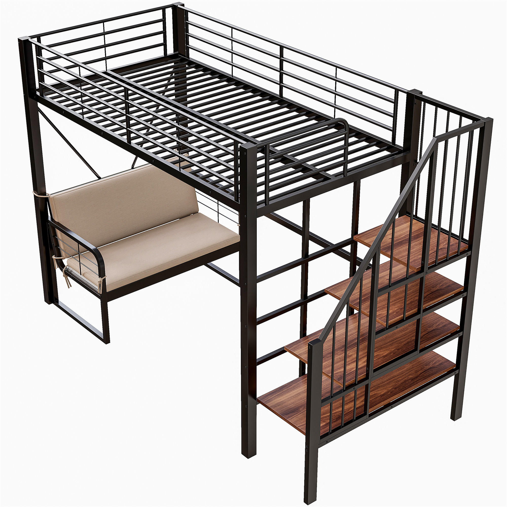 HOCHBETT 90/200 cm DE-01525, in Schwarz, mit Polstersofa, Stauraum und Sicherheitstreppe - Schwarz, Metall (90/200cm) - ComfortXL