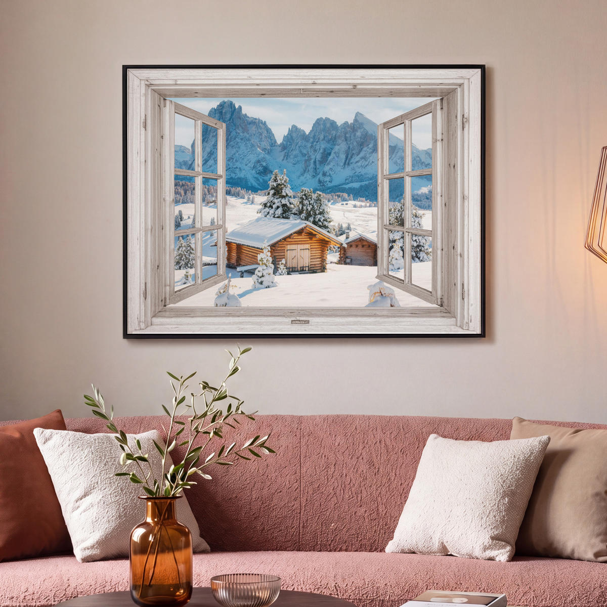LEINWAND Bilder mit Rahmen - Winterlandschaft - Hütte - Berge - Ausblicke - Aussicht - Natur - 100x70 - Weiß Hochglanz, Textil (100/70cm) - MuchoWow