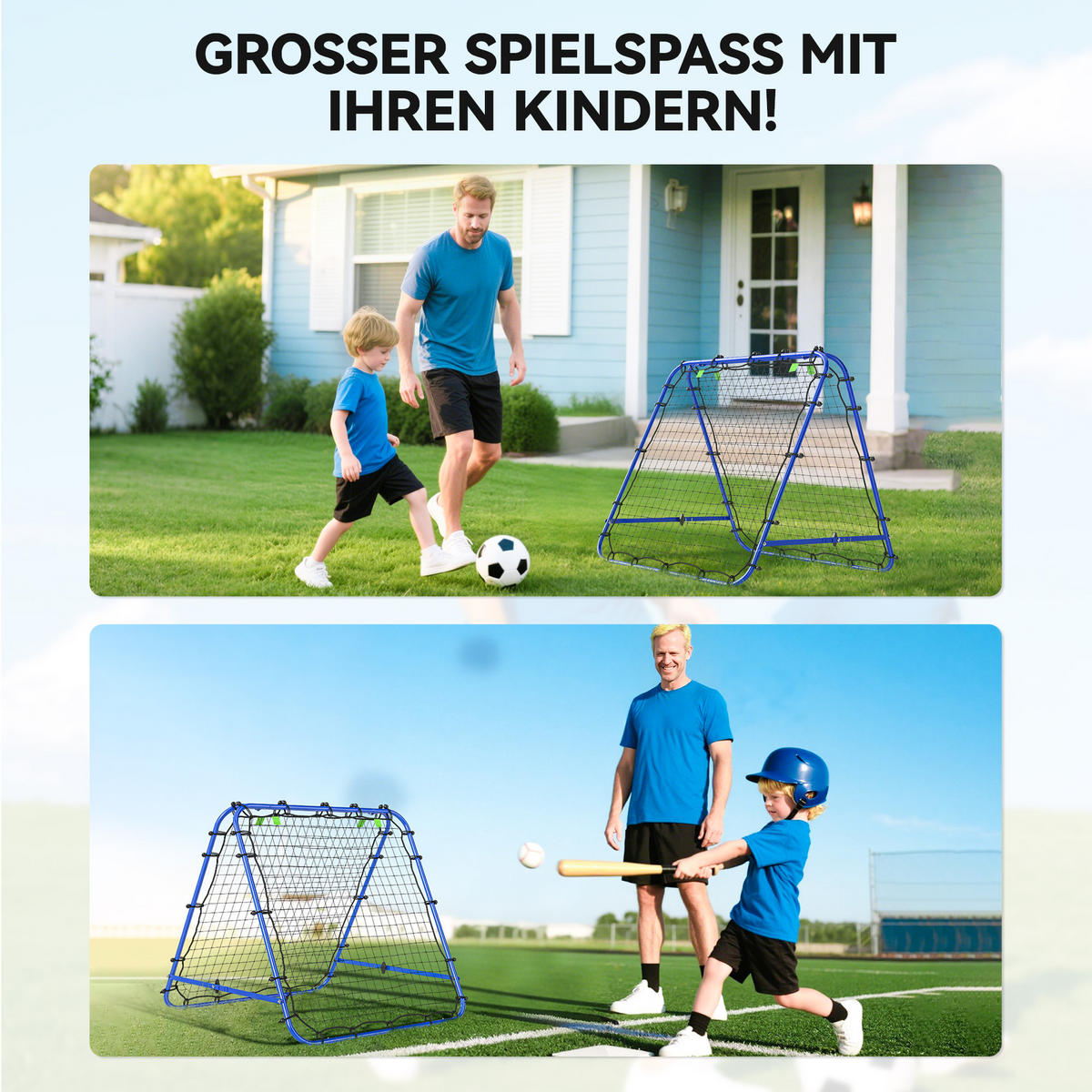 FUßBALL REBOUNDER, PE, Blau, 100 x 95 x 90 cm - Blau, Metall (95/100cm) - HOMCOM