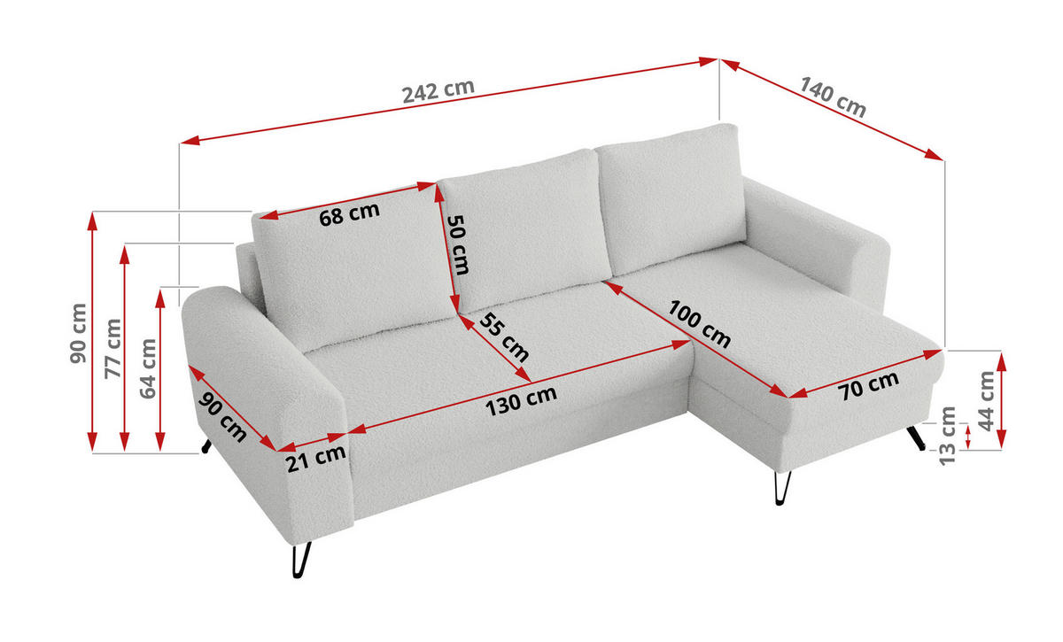 ECKSOFA Hugo Boucle Weiß - Schwarz/Weiß, Textil/Metall (242/140cm) - MKS