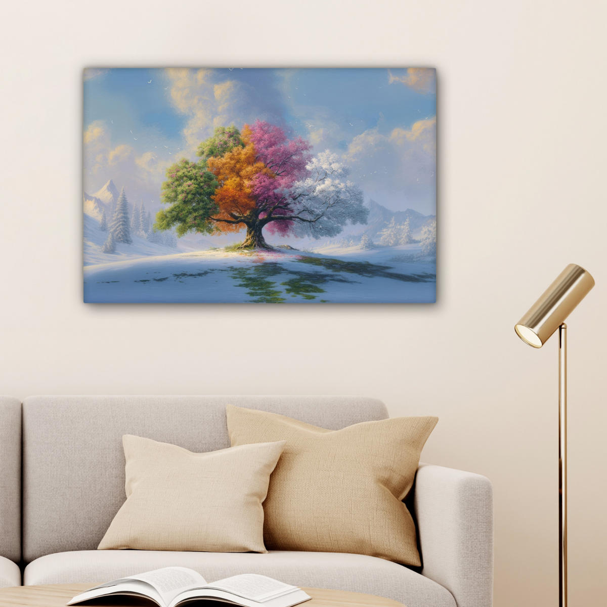 LEINWANDBILD Baum - Jahreszeiten - Winter - Landschaft Gemälde 60x40 cm - Multicolor, Textil (60/40cm) - MuchoWow