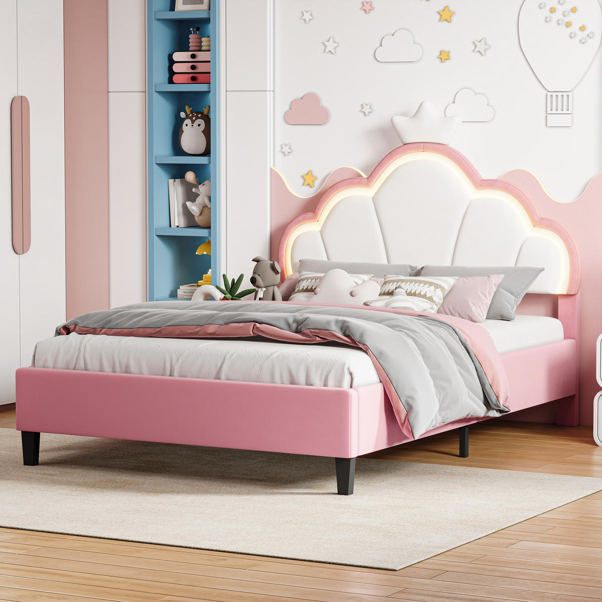 POLSTERBETT 140x190 cm mit höhenverstellbarem Kopfteil & RGB-LED – Doppelbett / Kinderbett für Mädchen, Samt, Rosa - Pink, Holz/Metall (140/190cm) - BursDany
