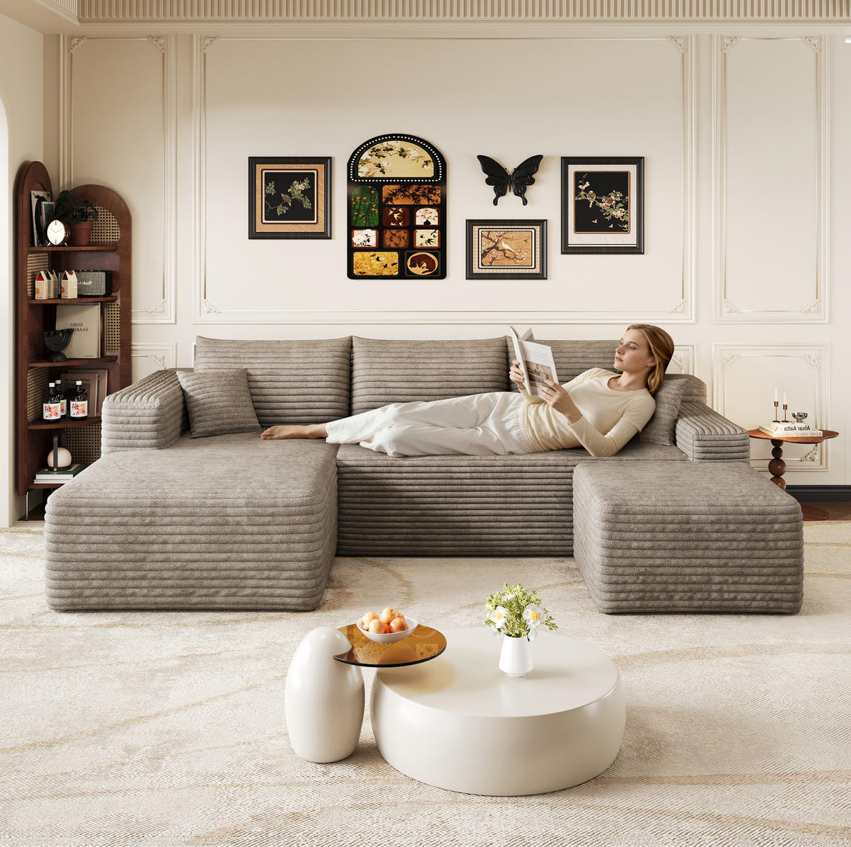 ECKSOFA 241/151/58 cm Camel aus Stoff mit Cordoptik und Chaiselongue ohne Montage - Hellgrau, Textil (151/241cm) - OKWISH