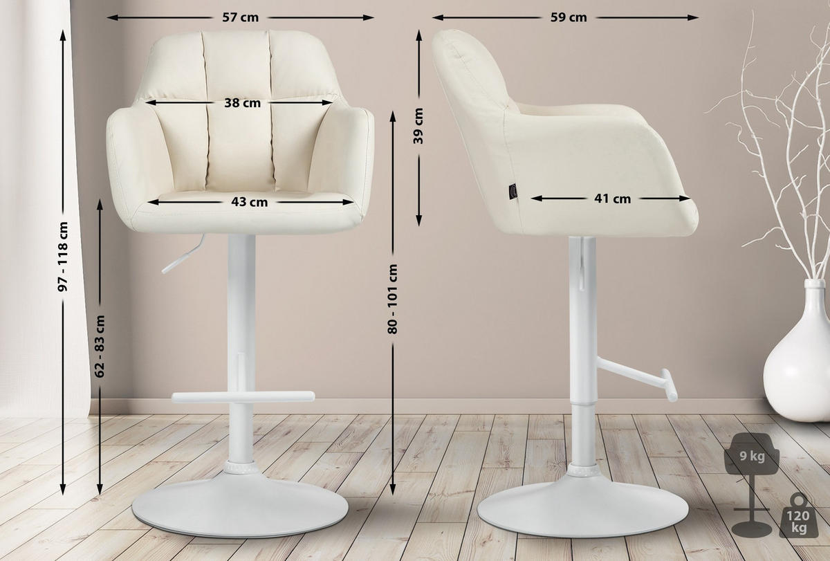 BARHOCKER Natoma Kunstleder 97-118x57x59 cm creme - Creme, Leder (57/97/59cm) - furnicato