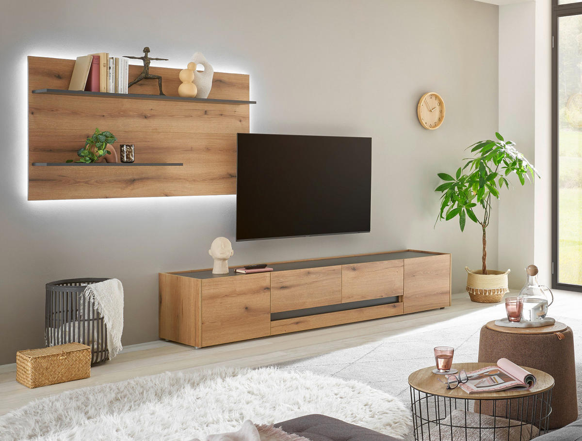 TV-LOWBOARD Eiche Evoke, grau 220 cm, TV Unterschrank mit Stauraum - Eichefarben/Schwarz, Holz/Holzwerkstoff (220/40/45cm) - Furn.Design
