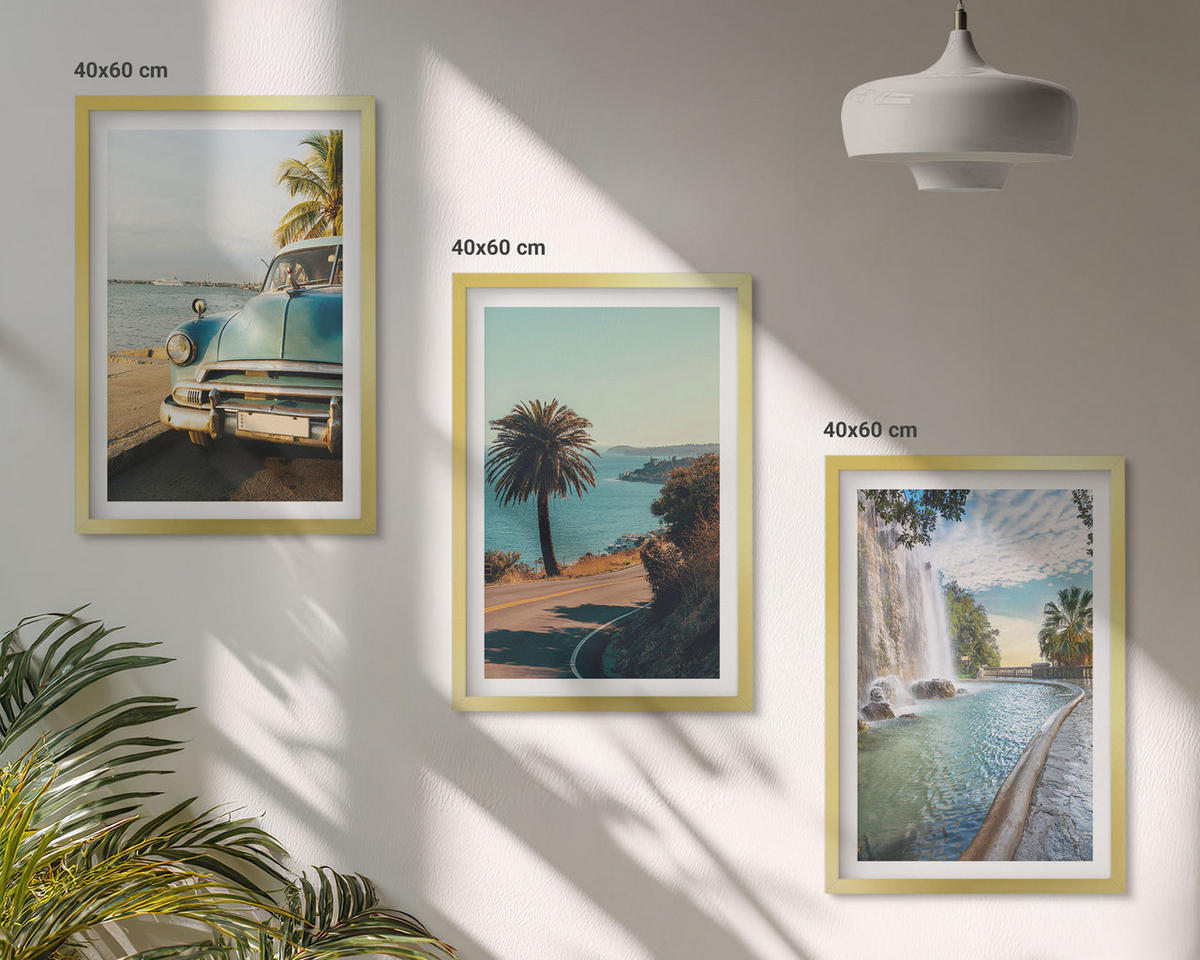 WANDBILDER 3er Set - 40x60 cm Goldrahmen - Urlaub Palmen Wasserfall - Goldfarben, Kunststoff (40/60cm) - ArtPrintCave