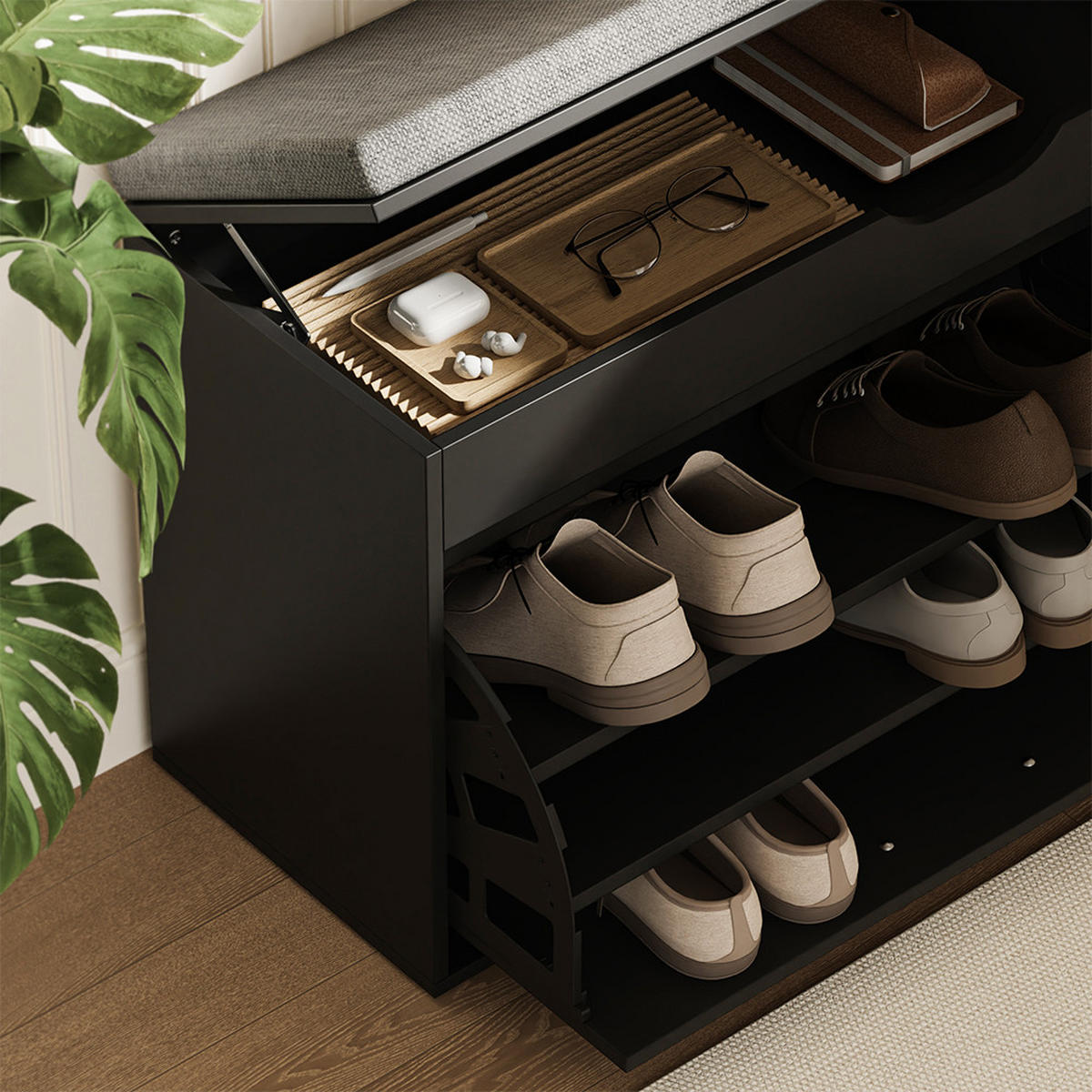 SCHUHBANK Solino Schwarz/Grau 90 x 50 cm mit Sitzfläche - Schwarz/Grau, Holzwerkstoff (90/50/30cm) - Vicco