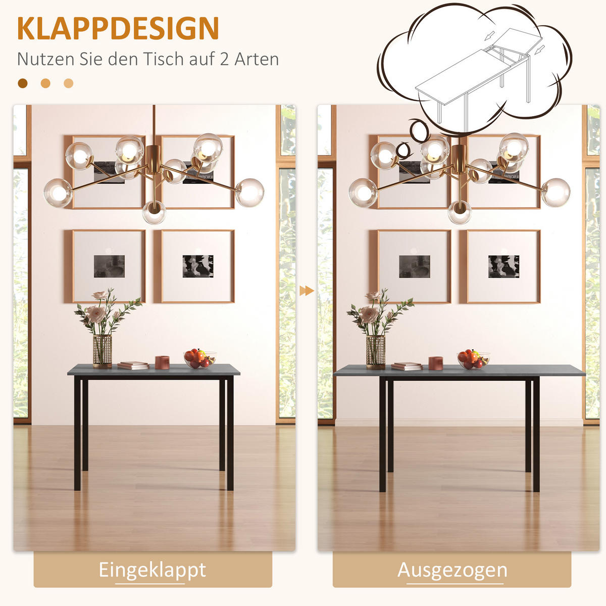 ESSTISCH erweiterbar Küchentisch Esszimmertisch für 6 Personen Stahl Dunkelgrau - Dunkelgrau, Kunststoff (160/70/76cm) - HOMCOM