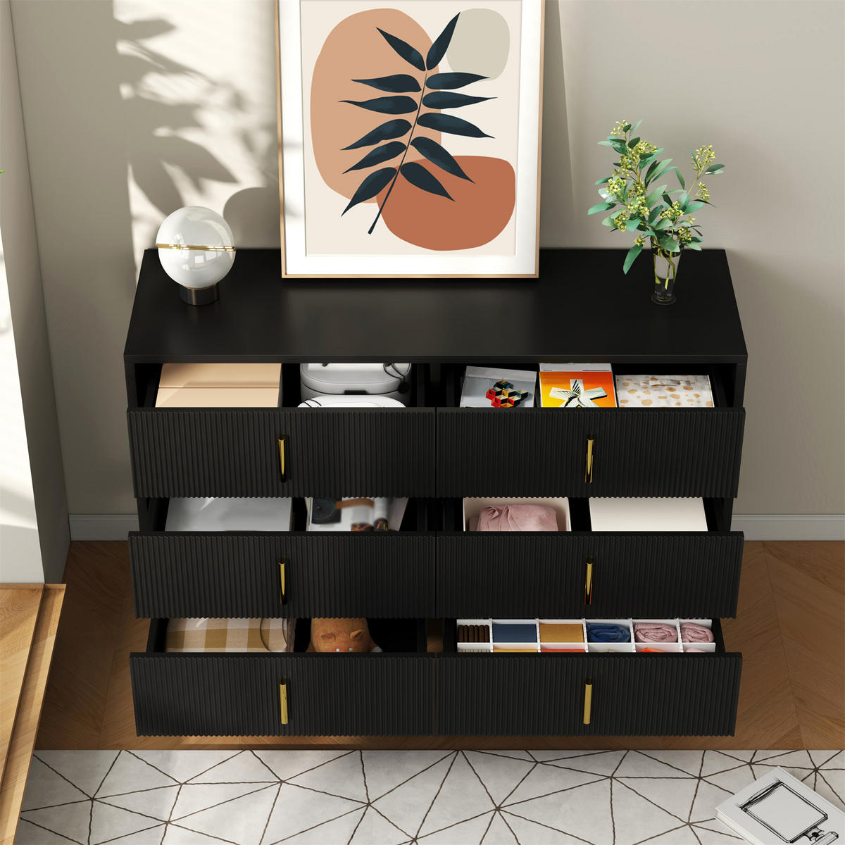KUCHYŇSKÁ SKŘÍŇ bílá, velký úložný prostor, zlaté úchytky, do obývacího pokoje a jídelny, 120×40×77 cm - černá/zlatá, kov/kompozitní dřevo (120/77/40cm) - STILVORA