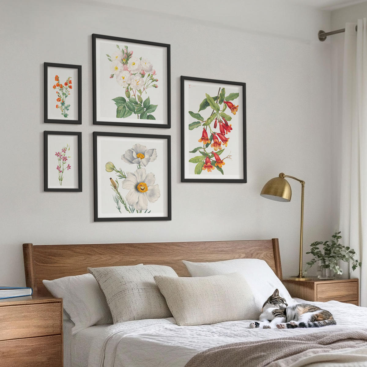 WANDBILDER 5er-Set - 50x50 cm & 20x30 cm & 40x60 cm Schwarzer Rahmen - Blumenmalerei im Retro-Stil - Schwarz, Kunststoff (40/60cm) - ArtPrintCave