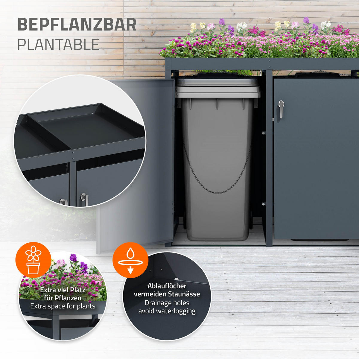 MÜLLTONNENBOX 4er mit Pflanzdach Anthrazit - Anthrazit, Metall (80/124/264cm) - ML-DESIGN