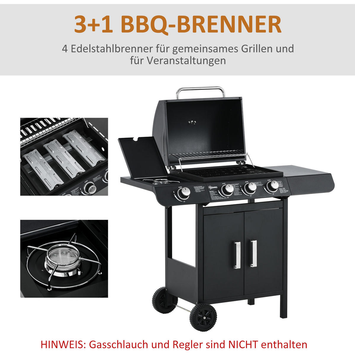 GASGRILL mit 3 Brennern 1 Seitenbrenner Stahl Schwarz 110 x 50 x 100 cm - Schwarz, Metall (50/100/110cm) - Outsunny