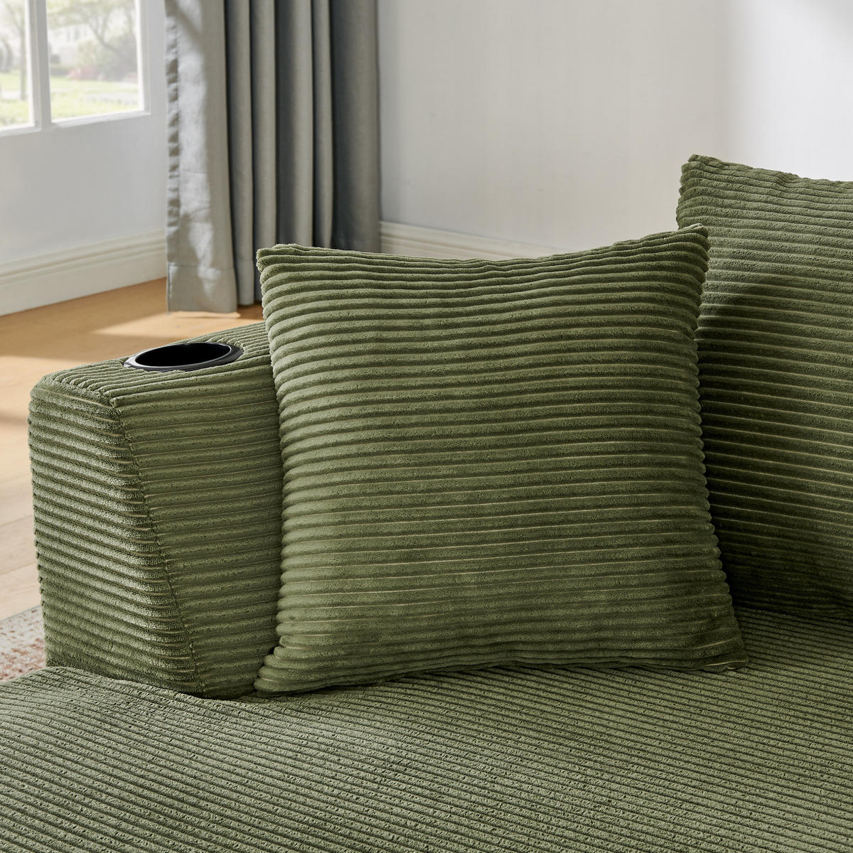 3-SITZER-SOFA mit Getränkehaltern, Kissen und bogenförmigem Design aus Kordstoff und Schaumstoff, Grün - Grün, Kunststoff (264/76/168cm) - Redom