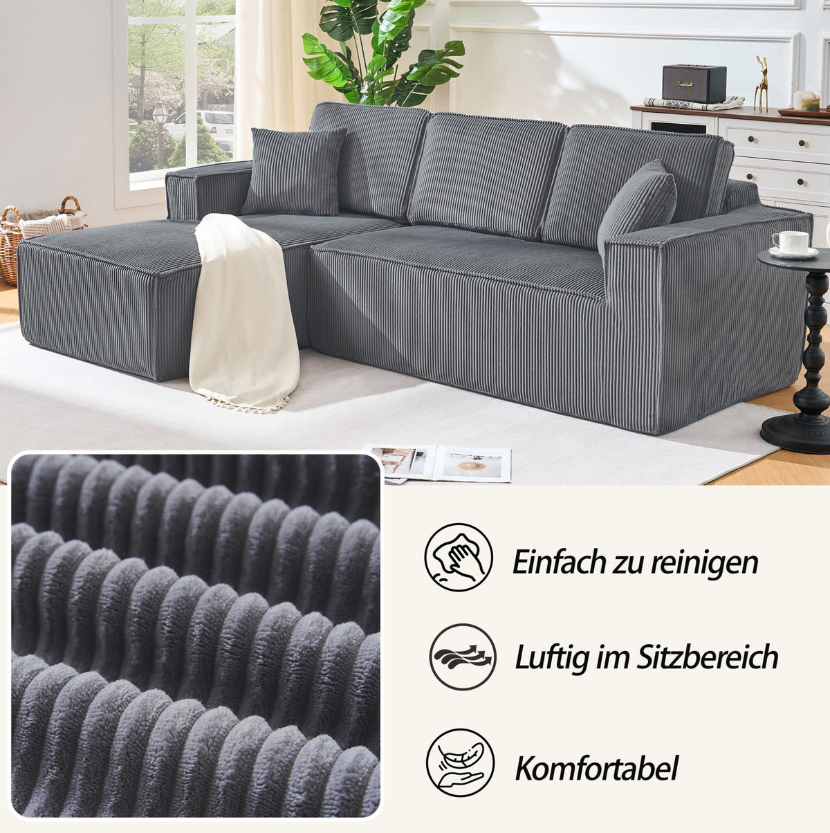 ECKSOFA 235/128/60 cm grau aus Cord mit Chaiselongue - Grau, Textil (128/235cm) - OKWISH