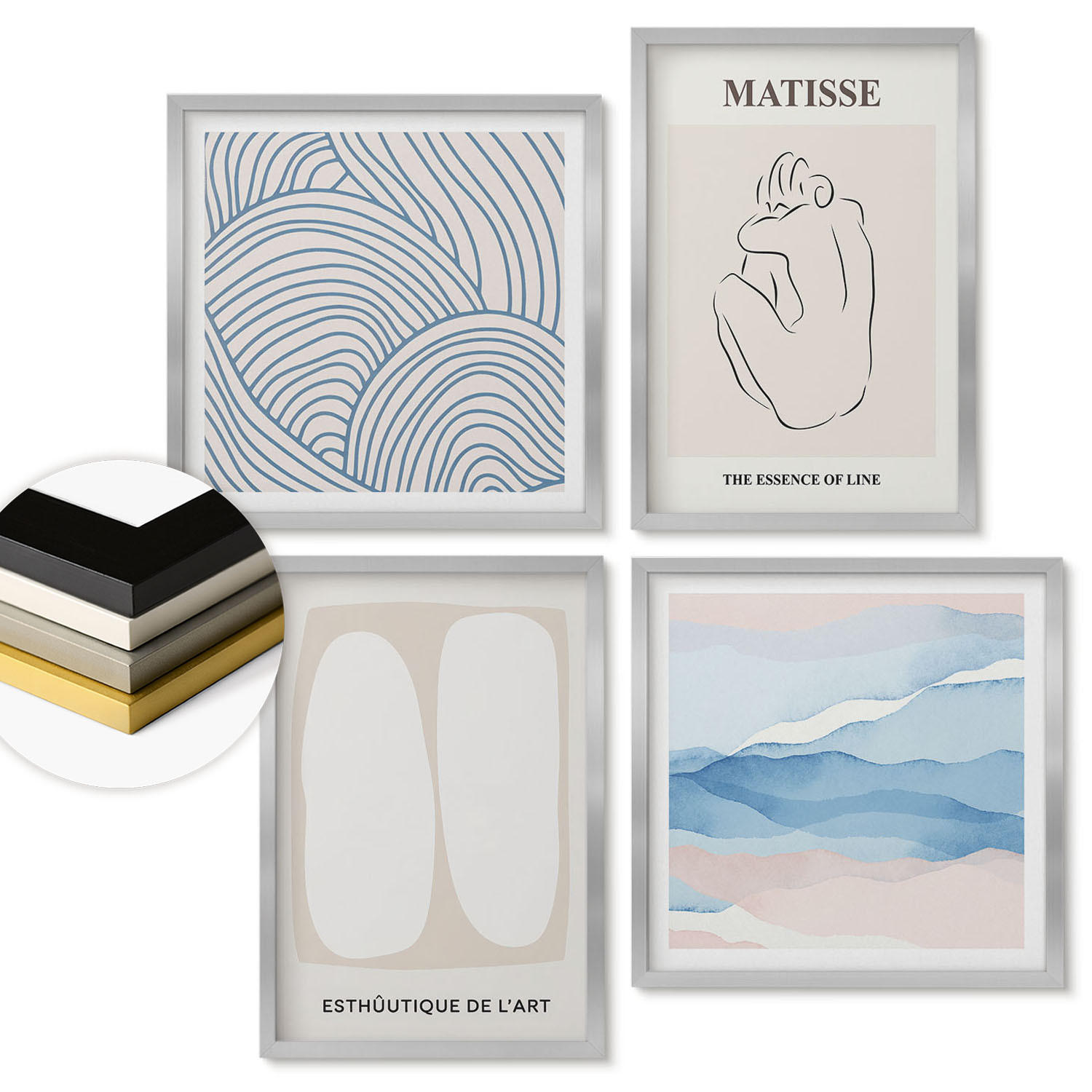 WANDBILDER 4er Set - 50x50 cm & 40x60 cm Silberner Rahmen - Matisses abstrakte Formen - Silberfarben, Kunststoff (50/50cm) - ArtPrintCave