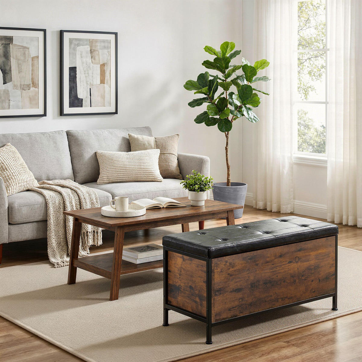 SITZTRUHE Calico, Kunstlederbezug, Industrial Holz dunkel, rustikal - Rostfarben, Holzwerkstoff (41.5/50.5/81.5cm) - tectake