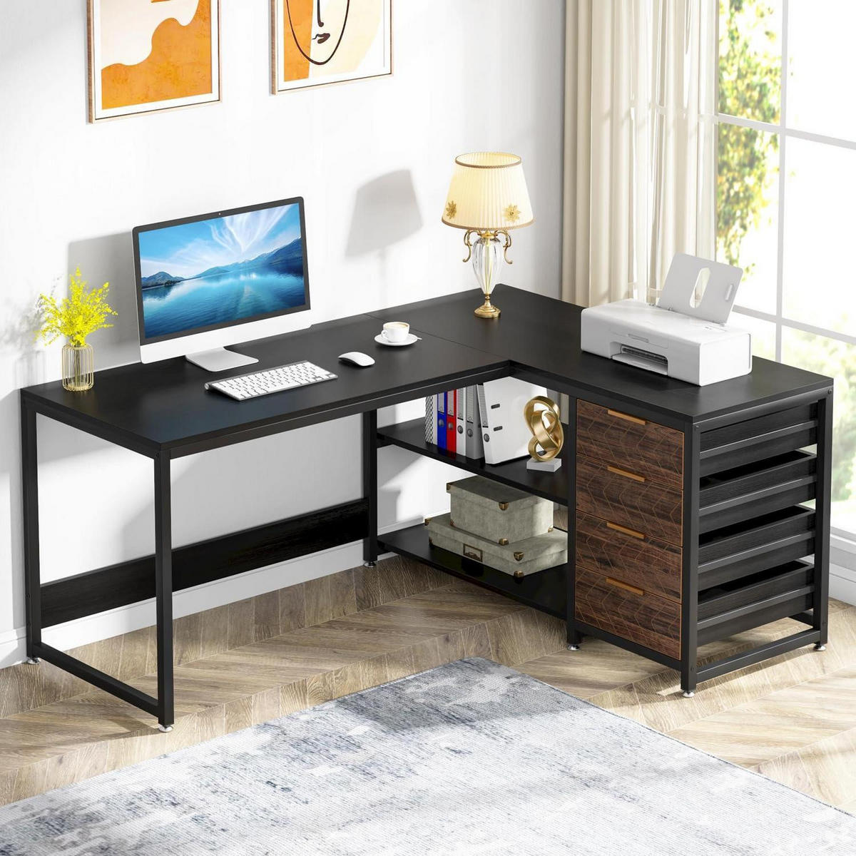 SCHREIBTISCH L-Form mit 4 Schubladen und 2 Ablagen 155 x 110 x 75 cm Schwarz - Multicolor, Holzwerkstoff (60/180/76cm)