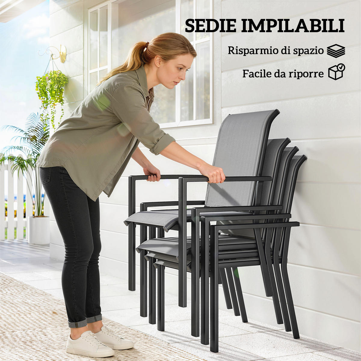 GARTENMÖBELSET 5-teilig,Stahltisch mit Mittelloch+4 stapelbare Stühle,grau - Grau, Metall - Vallsero