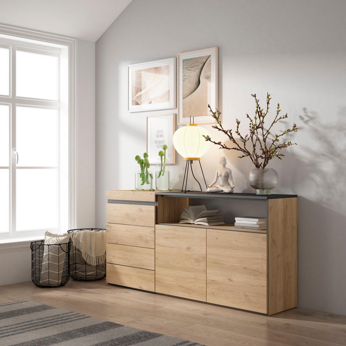 KOMMODE mit Schubladen, Sideboard Schrank, eiche, 158/35/75cm - Eichefarben, Holzwerkstoff (158/75/35cm) - Skraut Home