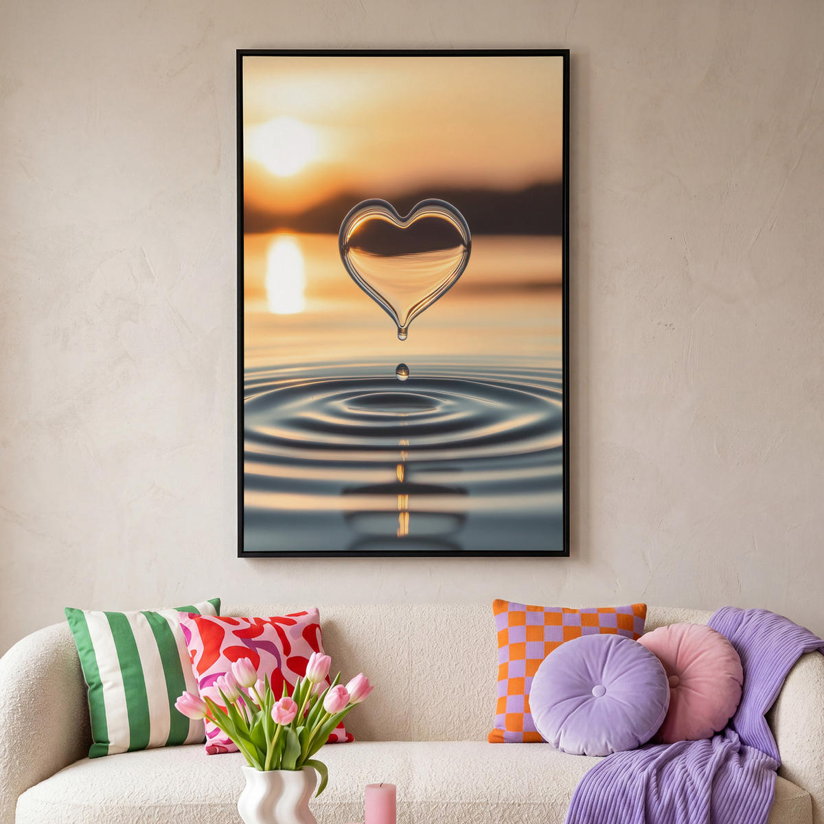 LEINWAND Bilder mit Rahmen - Herz - Wasser - Sonnenuntergang - Natur - Zen - 80x120 - Bernsteinfarben, Textil (80/120cm) - MuchoWow