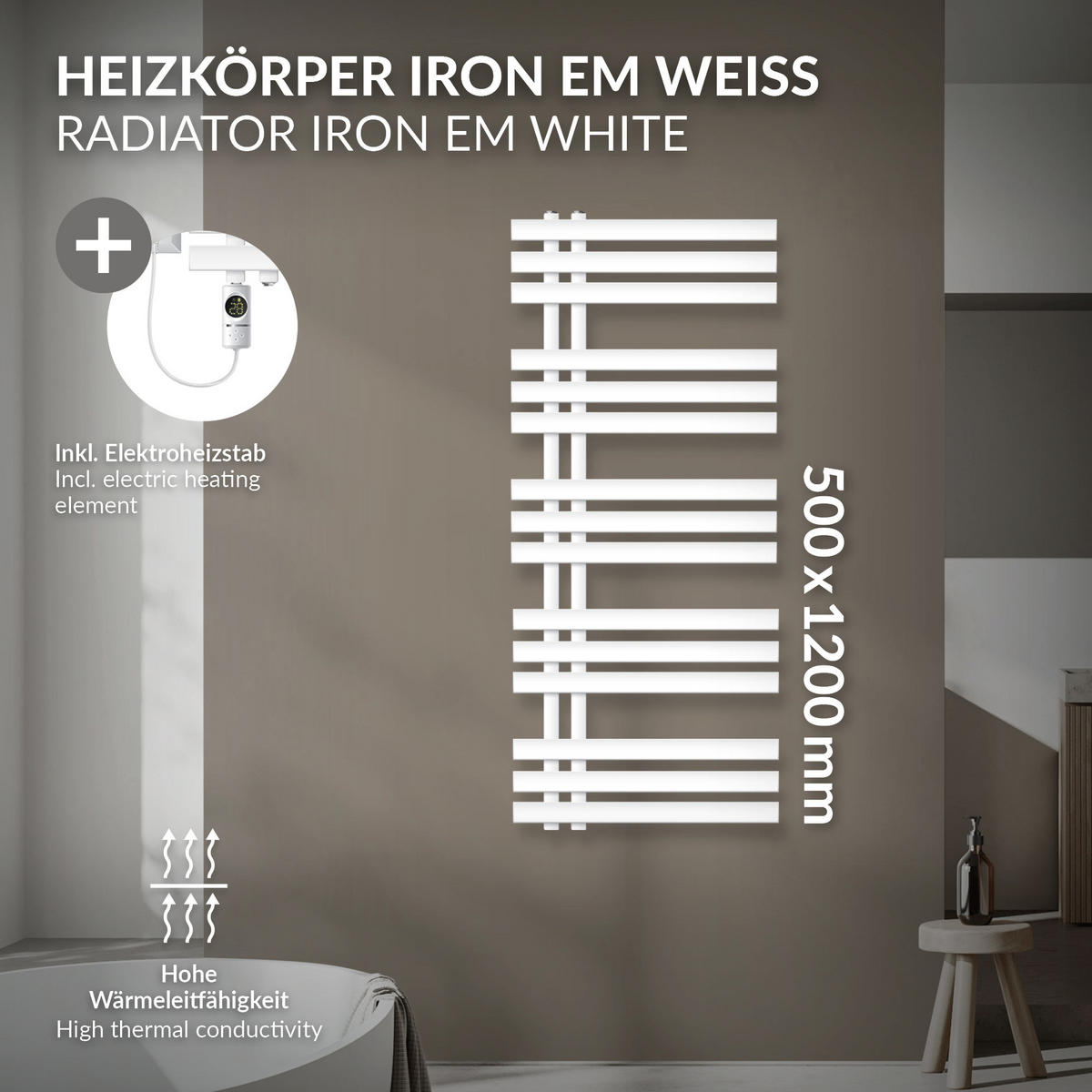 BADHEIZKÖRPER elektrisch IRON EM 500x1200 mm Weiß mit Heizstab 1200W Digital - Weiß, Metall (50/120/3cm) - LuxeBath