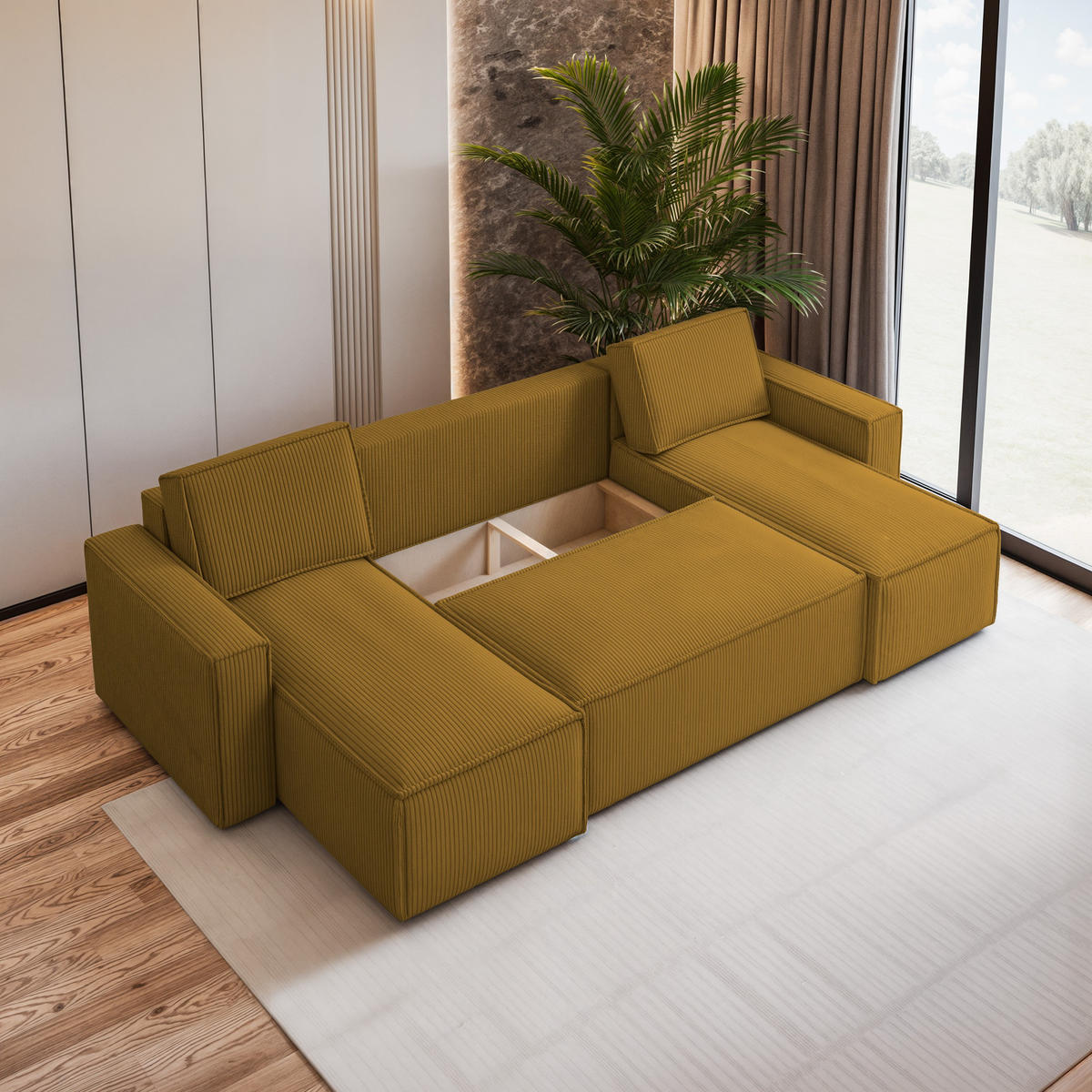 WOHNLANDSCHAFT PESANO P Gelb Kordstoff mit Schlaffunktion - Gelb, Holz (306/85/140cm) - MASSENO