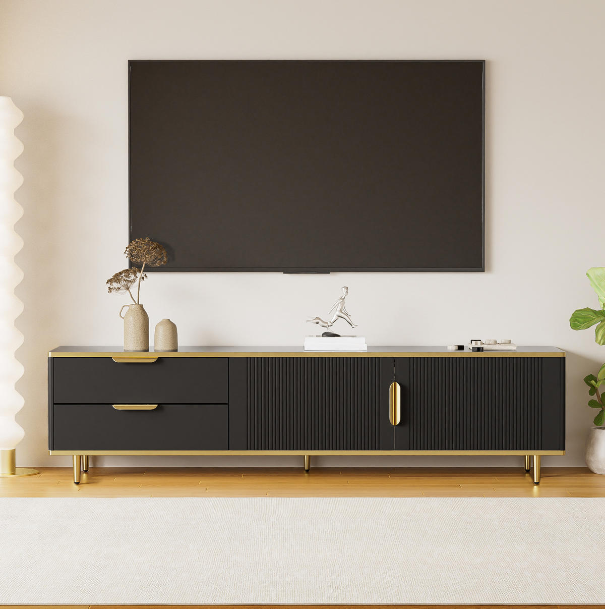 TV omarica 170/45/37 cm z 2 predaloma, 2 vrati in izrezljanimi frontami iz MDF in ivernih plošč, Črna in zlata - črna, leseni material (170/45/37cm) - Redom