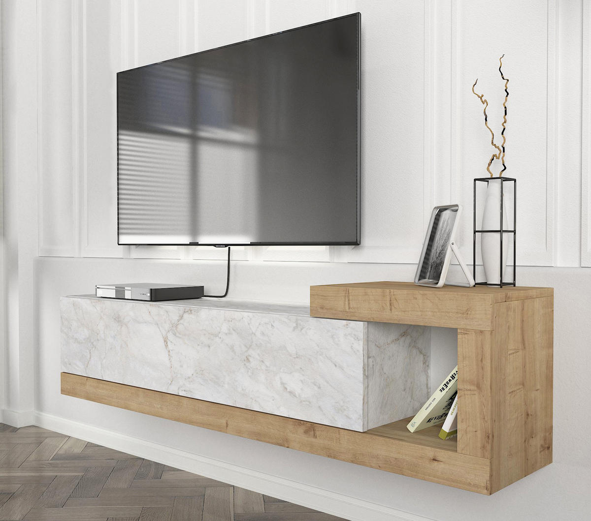 MOEBEL17 TV Lowboard 150 cm – Modernes Lowboard TV Schrank – TV Board Wohnzimmer – Fernsehtisch – TV Möbel Sideboard Modern – Modell Bliss - Weiß/Braun, Holzwerkstoff (150/37/30cm) - moebel17