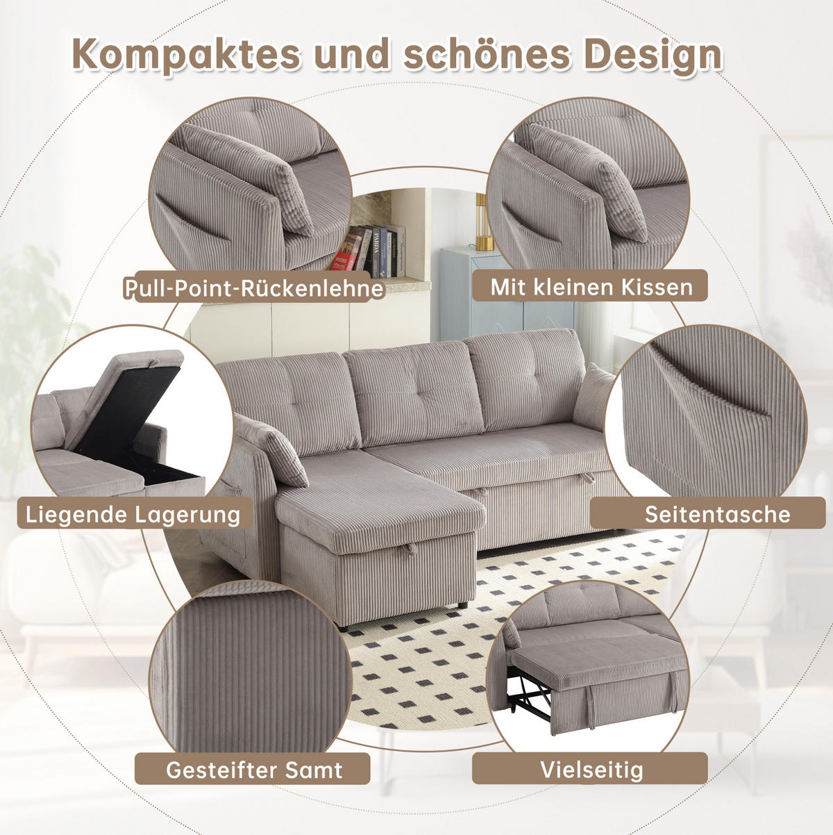 ECKSCHLAFSOFA Cord modular mit Stauraum und Seitenfächern Hellgrau 206/108/66 cm - Hellgrau, Textil (108/206cm) - Redom