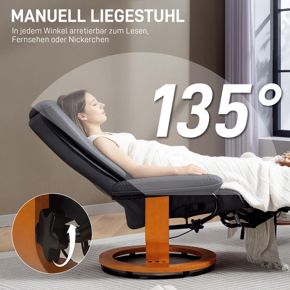 RELAXSESSEL, drehbarer TV-Sessel, Liegefunktion, Fußstütze Lederoptik Dunkelgrau - Dunkelgrau, Leder/Holzwerkstoff (88/103/78cm) - HOMCOM