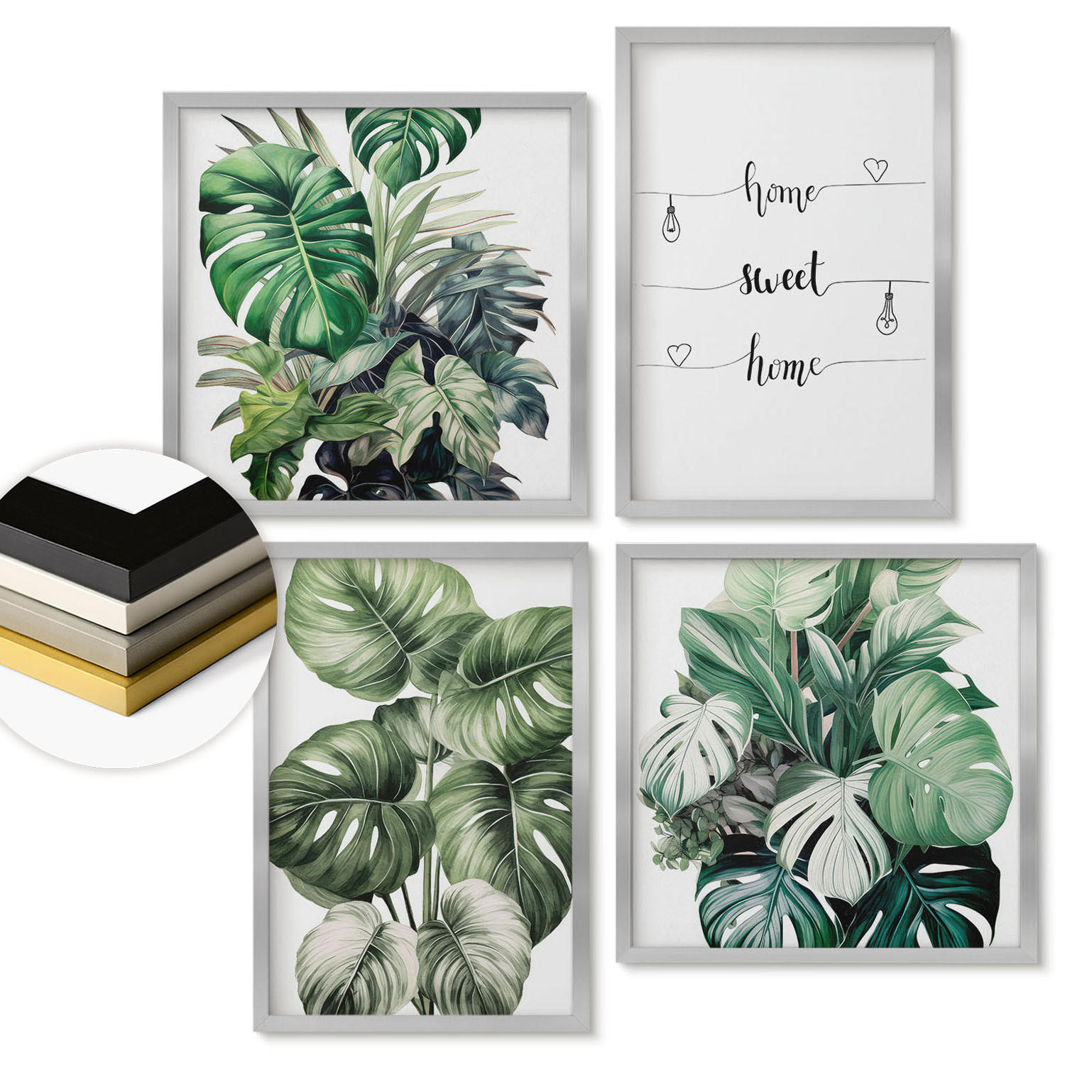 WANDBILDER 4er Set - 50x50 cm & 40x60 cm Silberner Rahmen - Aquarell-Monstera-Blätter - Silberfarben, Kunststoff (50/50cm) - ArtPrintCave