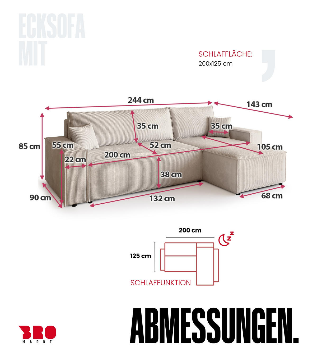 ECKSOFA ADI mit Schlaffunktion Vanille Cord - Creme, Textil (244/143cm) - Bromarkt