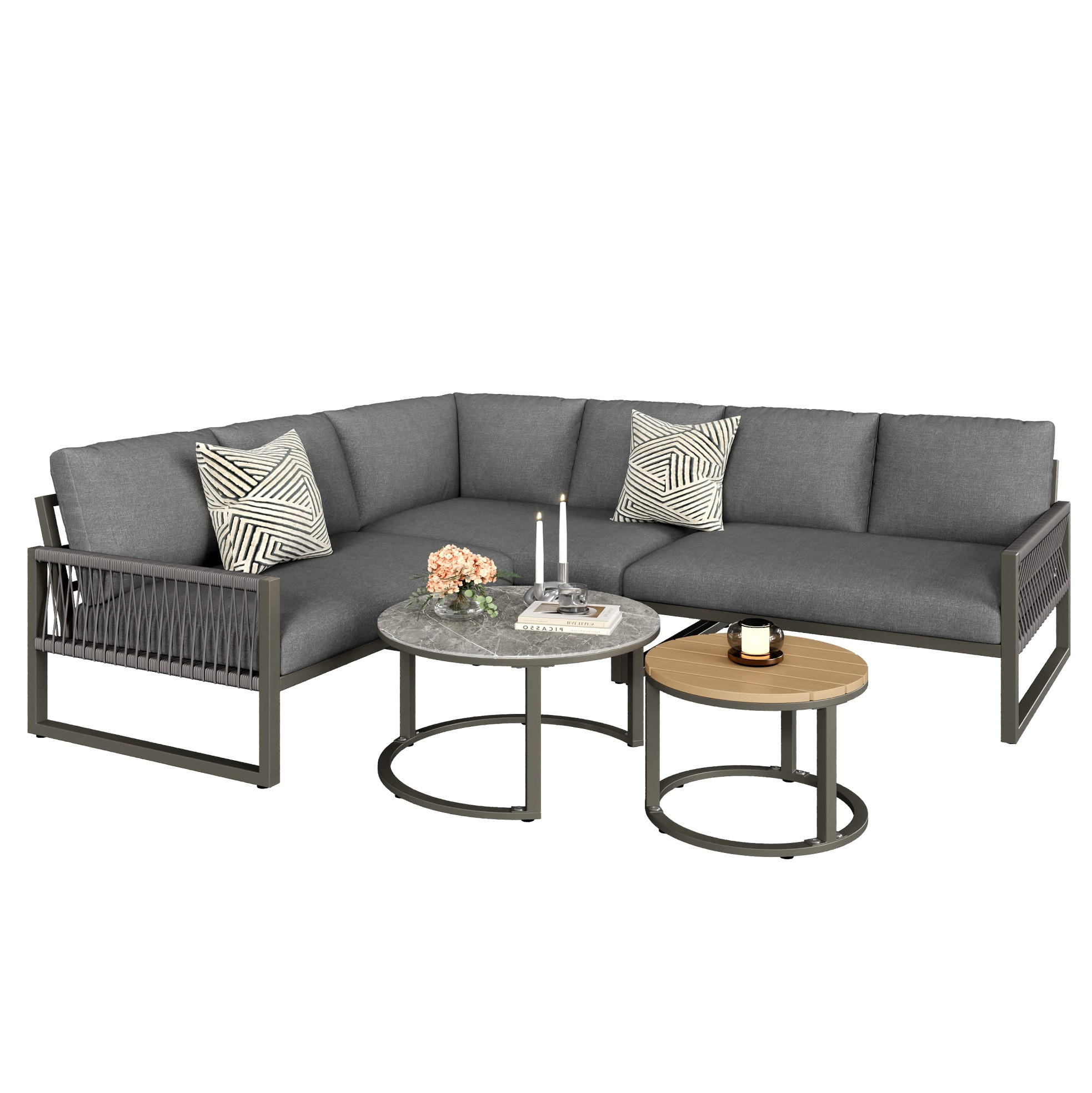 LOUNGE-SET Ecksofa 123 x 68 x 86 cm Metall Grau 4-tlg. - Grau, Metall - Beauniv