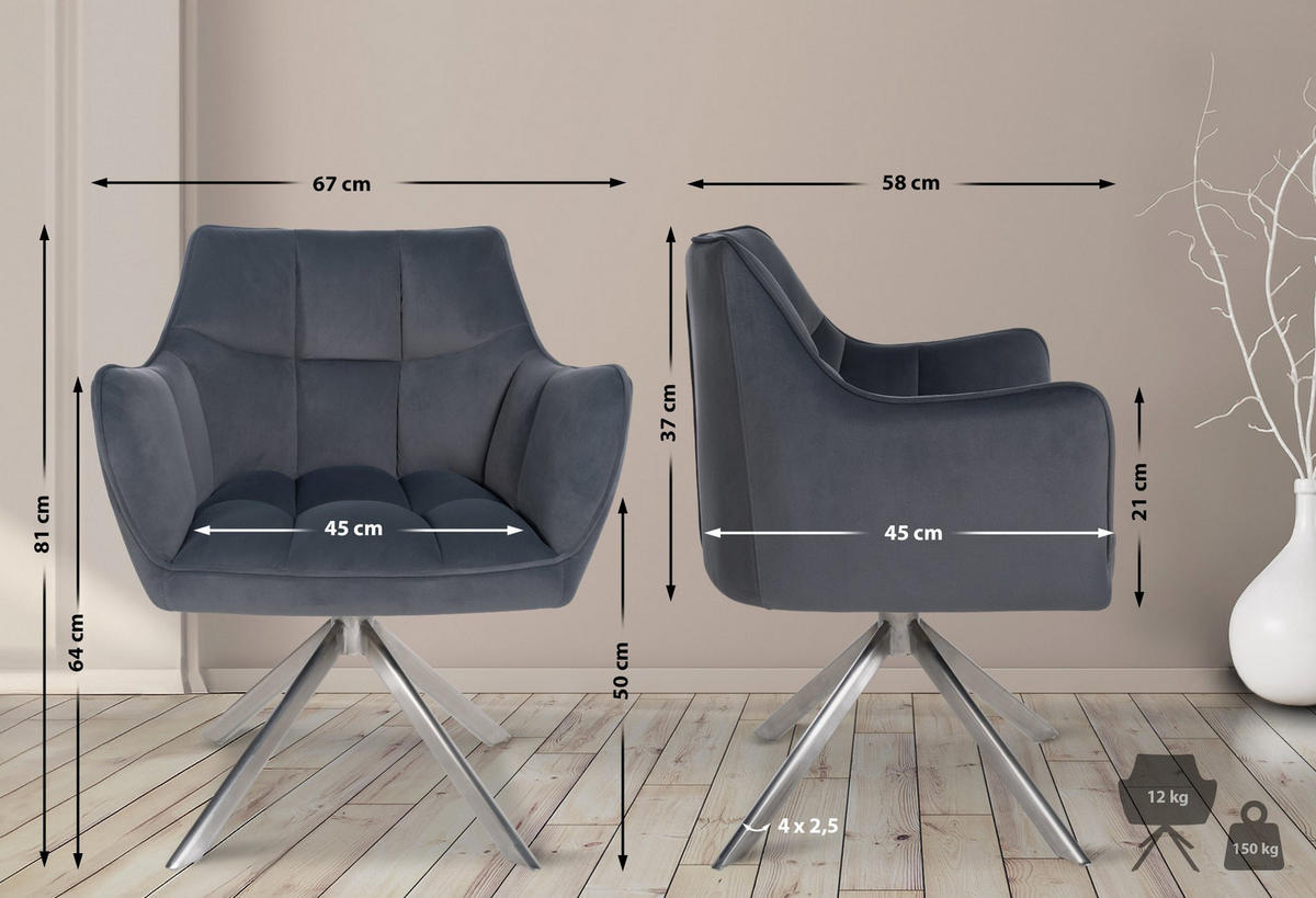 ESSZIMMERSTUHL SWING Samt edelstahl 81x67x58 cm dunkelgrau Samt Metall - Dunkelgrau, Textil/Metall (67/81/58cm) - DELUKE