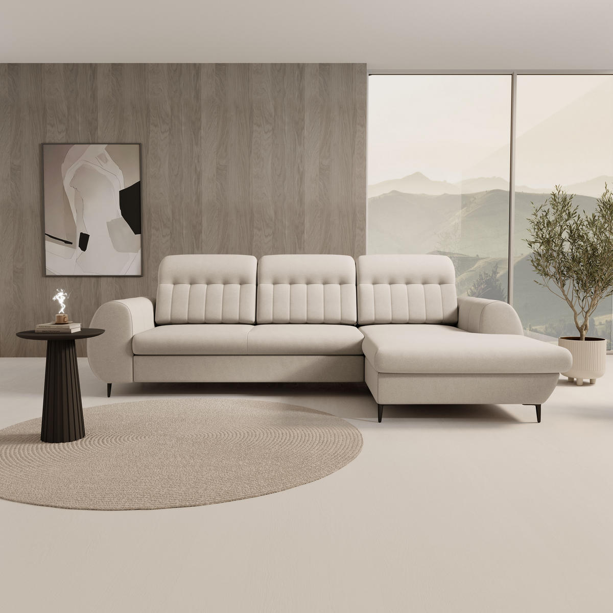 ECKSOFA PURO R-S Beige Plüsch-Stoff mit Schlaffunktion - Beige, Holz (275/166cm) - MASSENO