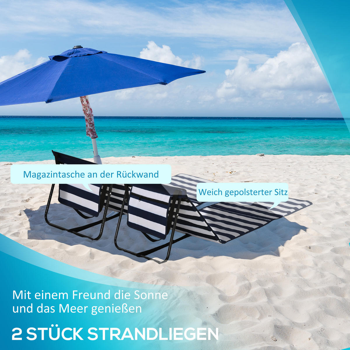 STRANDLIEGE, klappbar, verstellbare Rücklehne, Tragegurt, weiche Polsterung, Stahlrahmen, blau+weiß, 142x51x40cm - Blau, Metall (142/40/51cm)