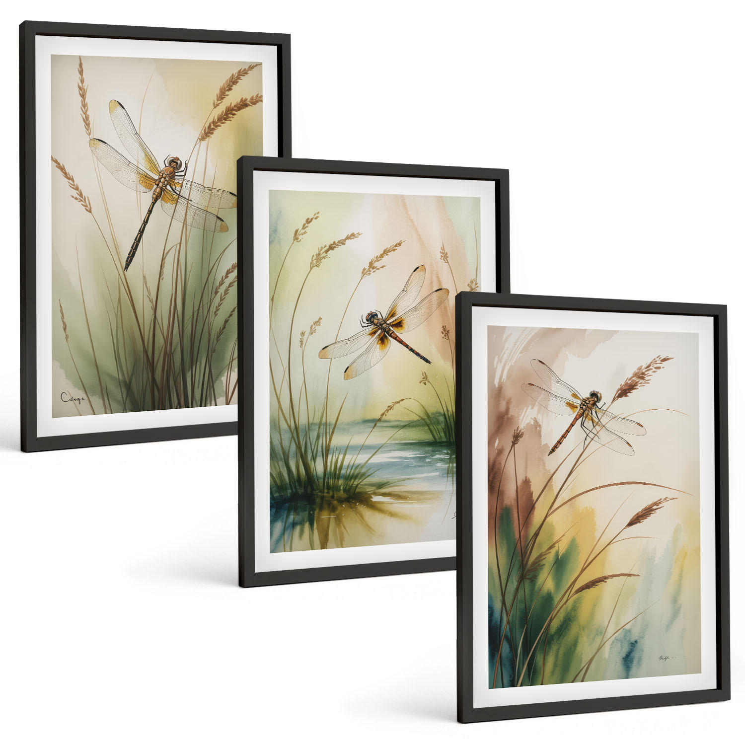 BILDER SET 3er Set - 40x60 cm Schwarzer Rahmen - Libellen im Gras, Wassermalerei - Schwarz, Kunststoff (40/60cm) - TULUP