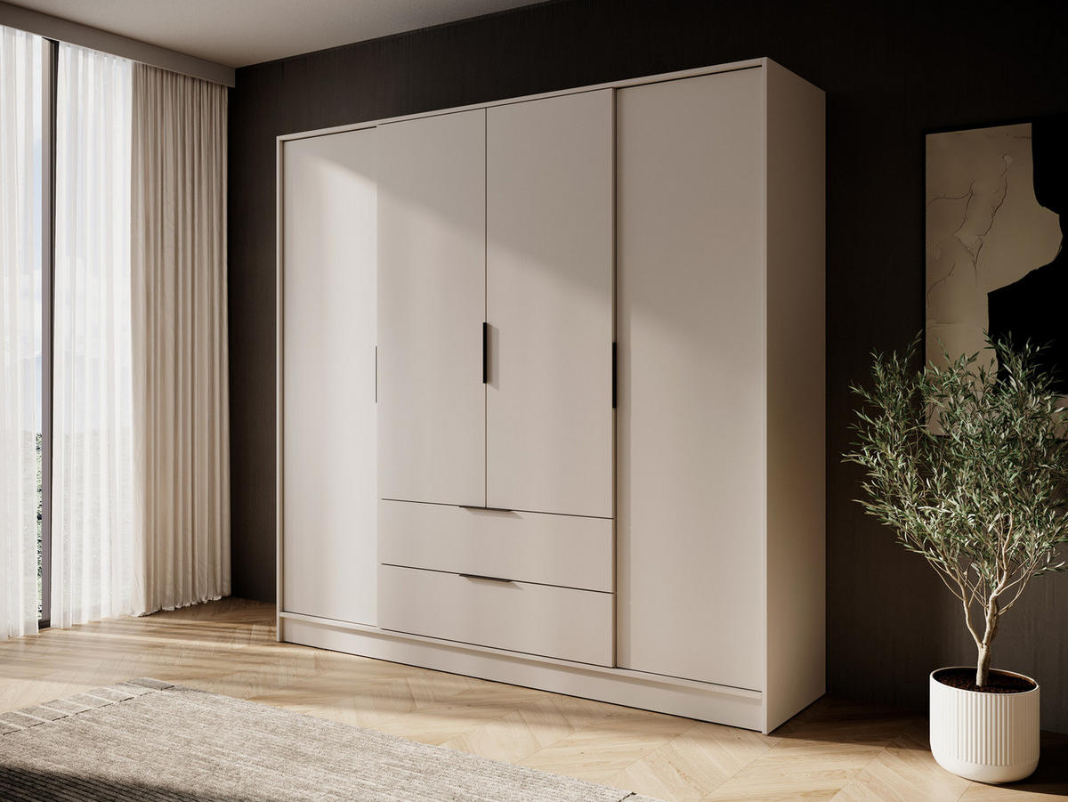 GROSSER Kleiderschrank RICADI 4D (Kaschmir, 4 Türen, 2 Schubladen, Kleiderstange, Kunststoffgriffe) - Kaschmir/Schwarz, Holz/Holzwerkstoff (206/200/51cm) - Ravio
