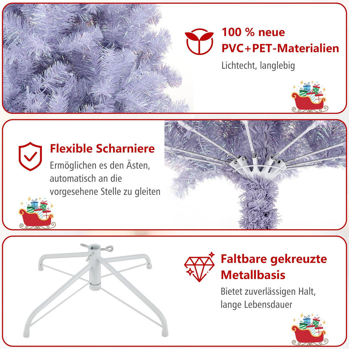 WEIHNACHTSBAUM Tannenform mit warmweißen LEDs 180 cm lavendelviolett - Lila, Metall (180cm) - COSTWAY