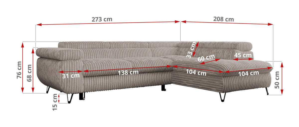 ECKSOFA PETER L Hellbraun Cord - Links Seite - Hellbraun/Schwarz, Textil/Metall (208/273cm) - MKS