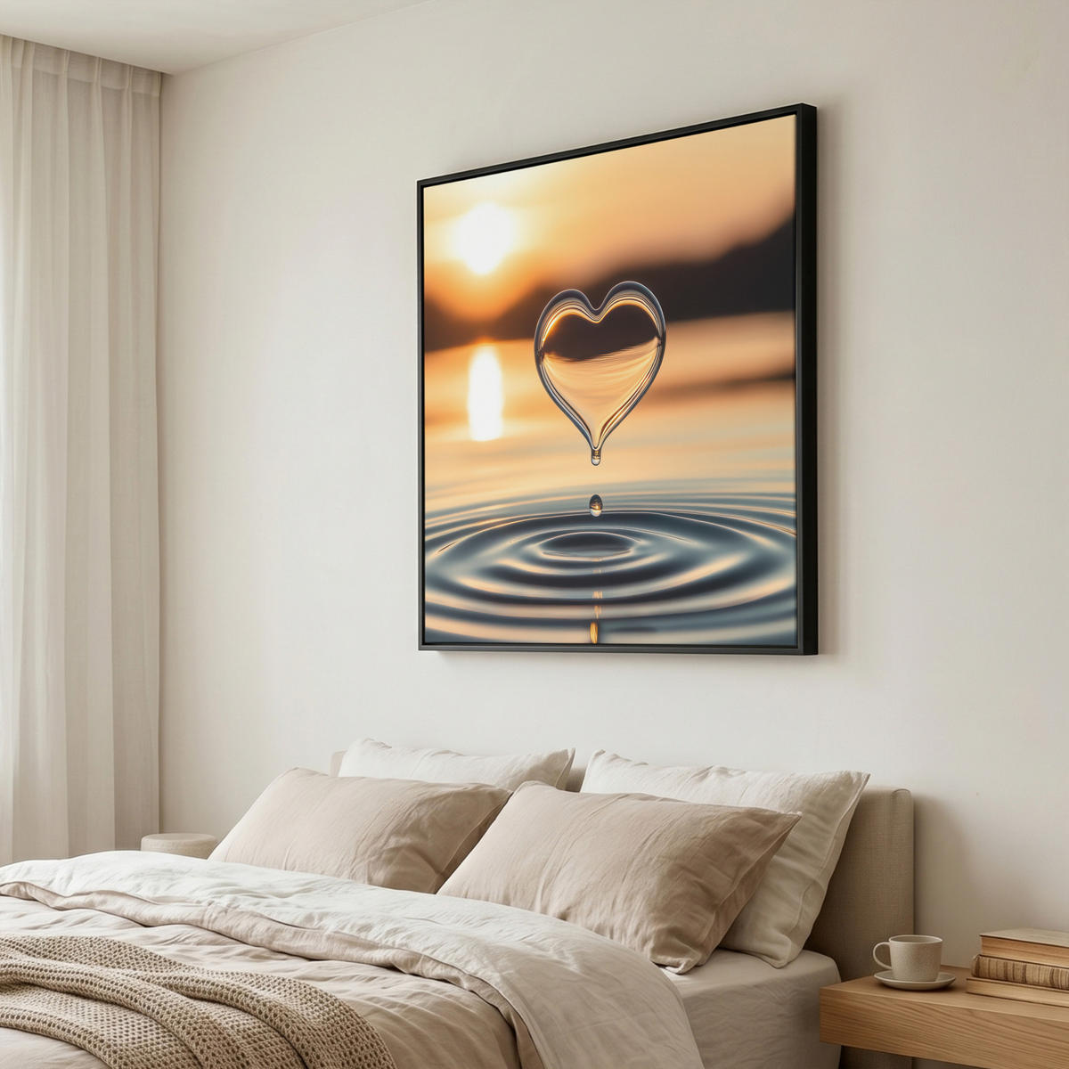 LEINWAND Bilder mit Rahmen - Herz - Wasser - Sonnenuntergang - Natur - Zen - 90x90 - Bernsteinfarben, Textil (90/90cm) - MuchoWow