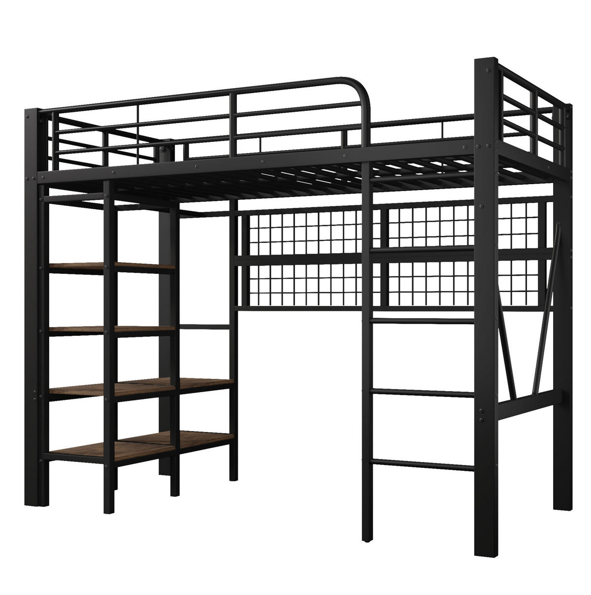 HOCHBETT aus Metall und MDF 90x200 cm Schwarz mit LED-Lichtleiste, Ablagefach und Hängenetz - Schwarz, Metall (90/200cm) - IVMEU