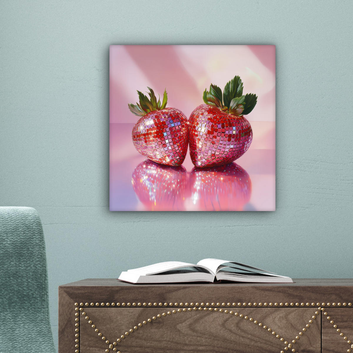 LEINWANDBILD Disco - Obst - Glitzer - Erdbeere Deko Wohnzimmer 20x20 cm - Pink, Textil (20/20cm) - MuchoWow