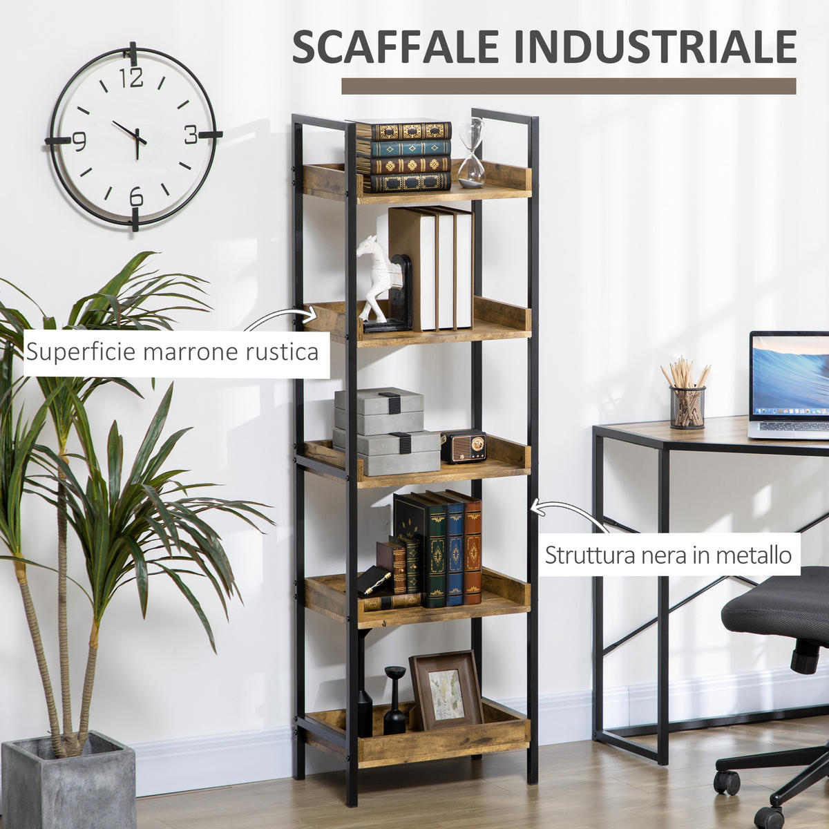BÜCHERREGAL,INDUSTRIE 5 Ebenen Holz-Metall 48x30x155cm,rustikales braun - Braun, Holzwerkstoff (48/155/30cm) - Vallsero