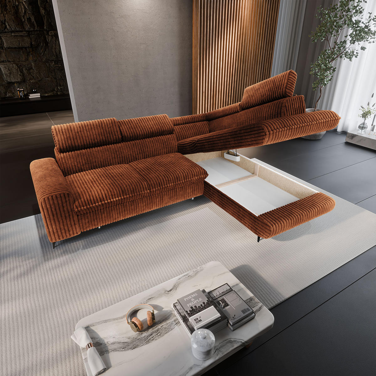 ECKSOFA VELISS Braun Kordstoff mit Schlaffunktion - Braun, Holz (255/193cm) - MASSENO