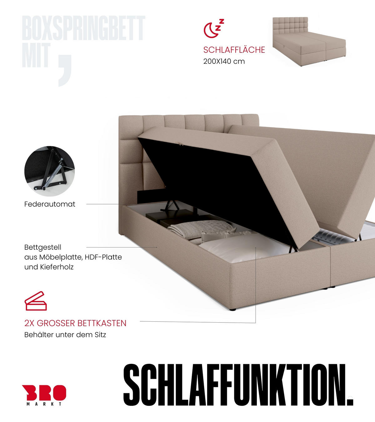 BOXBETT Dakota mit Topper 140/200 Beige - Beige, Textil (140/200cm) - Bromarkt