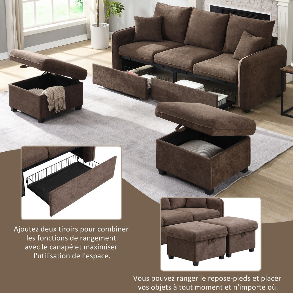 WOHNLANDSCHAFT U-Form 3-Sitzer Polster Schubladen Hocker Chenille - Braun, Holz (60/14/60cm) - FLIEKS